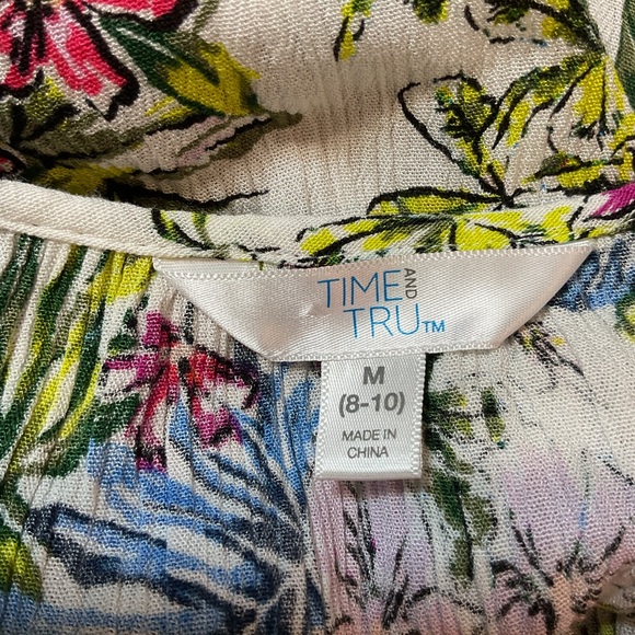 Time and Tru Blue Pink Botanical Long Sleeve Shirt Top - Picture 4 of 5